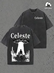 Washed Modelo Ufo Denim Loose Casual T-Shirt, Vintage Text + Fun Ufo Print, 100% Soft Breathable Cotton, Western Retro Style