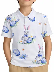 Easter Kids Polo Shirt T-Shirt, Rabbit Egg Print Short Sleeve, Fashionable Casual Wear for Boys & Girls, All Seasons, Graphic Printed Shirt
