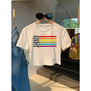 Womens White Crop Top Short Sleeve Rainbow Pride Graphic Tee Soft Stretch Crew Neck Y2K Streetwear Festival Outfit Summer Going Out Shirt