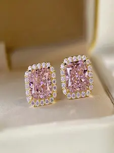 S925 Sterling Silver Pink Cubic Zirconia Stud Earrings, 18K Gold Plated Halo Square Earrings, Hypoallergenic Bridal Wedding Jewelry for Women