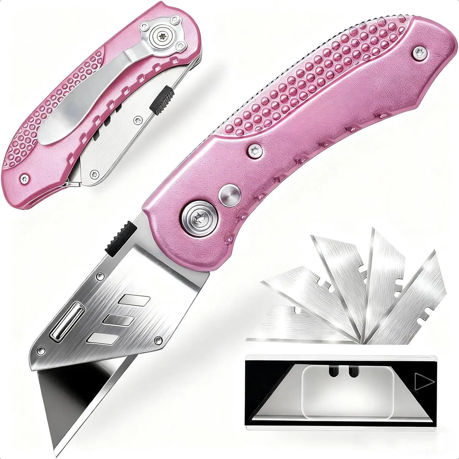 Pink Retractable Folding Utility Knife - Aluminum Handle, Back-Lock Mechanism, Stainless Belt Clip, Heavy-Duty Cutting Tool, Portable Multipurpose Knife with 5 Extra Blades for Carpet, Carton, Cardboard, Portable Multipurpose Knives