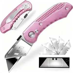 Box Cutter Retractable, Folding Utility Knife with Aluminum Handle, Heavy Duty Knife, Back-lock Mechanism, Stainless Belt Clip, for Carpet, Carton, Box, Cardboard, with 5-piece Extra Blades (Pink)