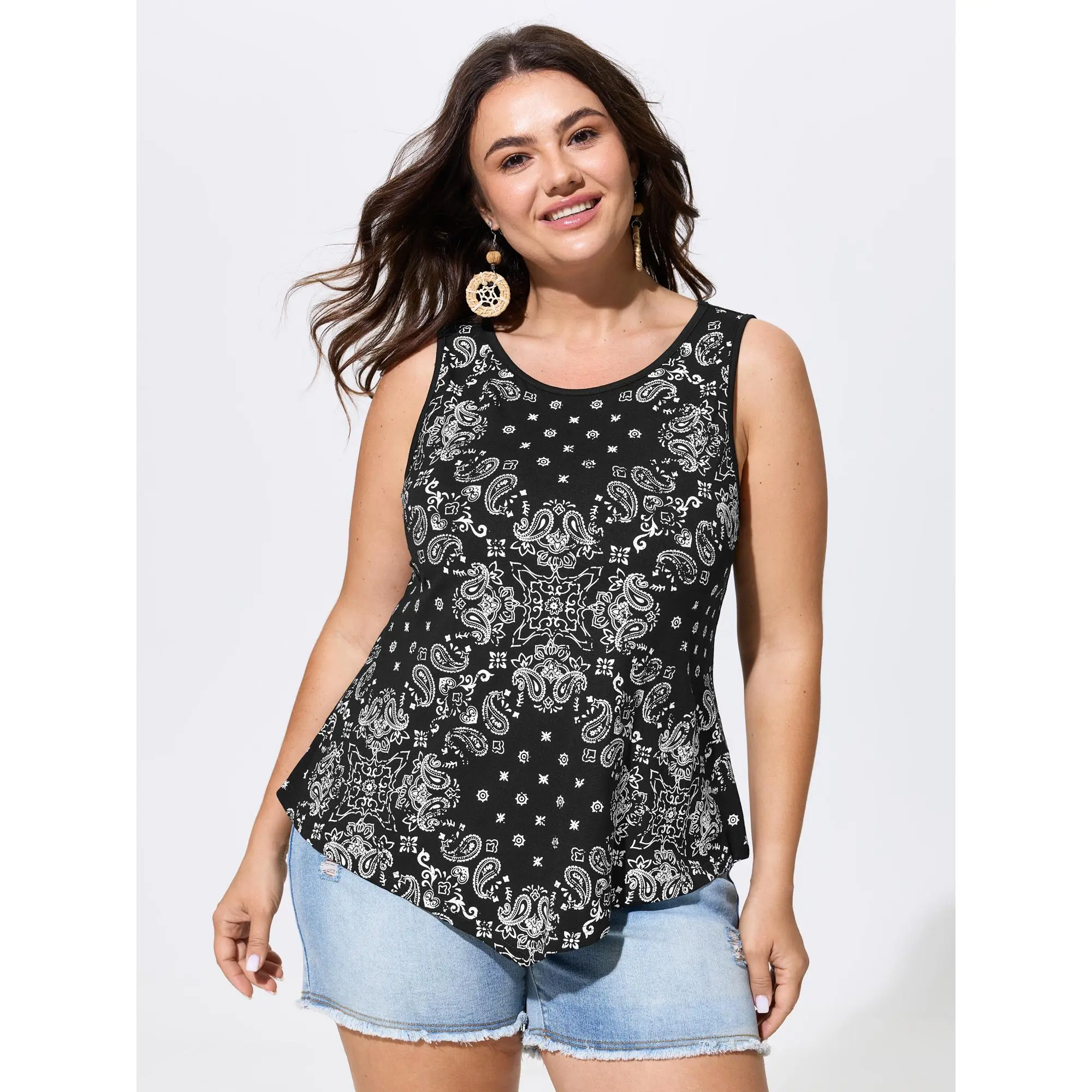BloomChic Plus Size Tank Top, Casual Boho Style with Ethnic Floral Print in a Supersoft Rayon Spandex Fabric, Cropped Curvy Fit Garment, Low Iron, Do Not Tumble Dry, Spandex Blend