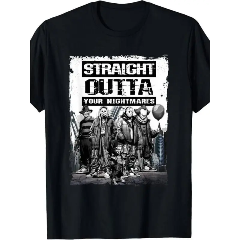 Women's 100% Cotton Loose Round Neck Short-Sleeve Garment - "Straight Outta Nightmares" Vintage Horror All Over Print Unisex Cut Embroidered Big T-Shirt, Machine Wash Casual Halloween Gift, 2xl, 3xl