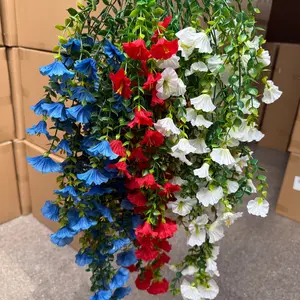 8pcs Tri-Color Patriotic Flower Artificial Hanging Flowers, Red, White, and Blue Hanging Floral Decor, Patriotic Flower Wreath, July 4th Decoration Artificial Flower Plants, Realistic Morning Glory Fake Artificial Plant Imitation Flowers for Home