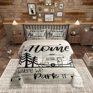 RV Happy Camping Bedding Comforters,Home is Where We Park It Comforter Set,Adult Women Room Decor,Farmhouse Camping Lovers Soft Duvet Set