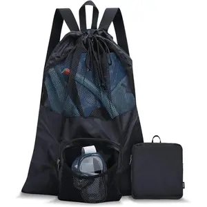 Packable Swim Bag, Mesh Swim Drawstring Backpack with 35L Upgraded Capacity & Vented Design, Lightweight Swimmers Mesh Bag for Swimming Gear Snorkeling Equipment (Black)