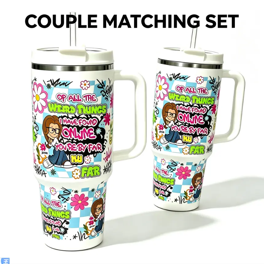 2Pcs Couple Matching Tumbler Set, Leakproof Lid & Ergonomic Handle, 40oz Black White Stainless Steel, 24H Hot Cold Insulation, Y2K Online Lover Gift For Valentine Car Daily Use