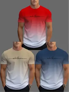 Men's Fashion 3-Piece Gradient Print Short Sleeve T-Shirt Set, 100% Polyester, Round Neck, Casual Streetwear All-Season Wear