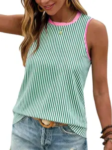 Women's Round Neck Tank Top, Fashion Casual Sleeveless Striped Print Vest, Slim-Fitting Minimalist Style, Trendy 2026 Clothing