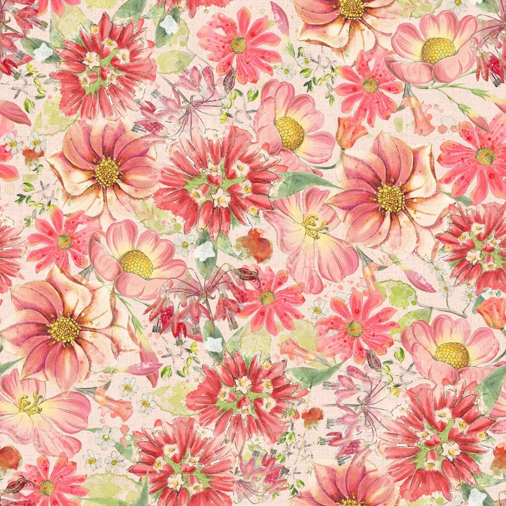 Hummingbird Days Packed Floral Coral Fabric | Clothworks Floral Cotton