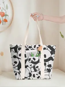 Panda Print Large Capacity Tote Bag, Commuting Tote Bag, Commuter Shoulder Backpack with Zipper Closure, Ideal for Gym Beach Work Travel, Casual Commuter Bag