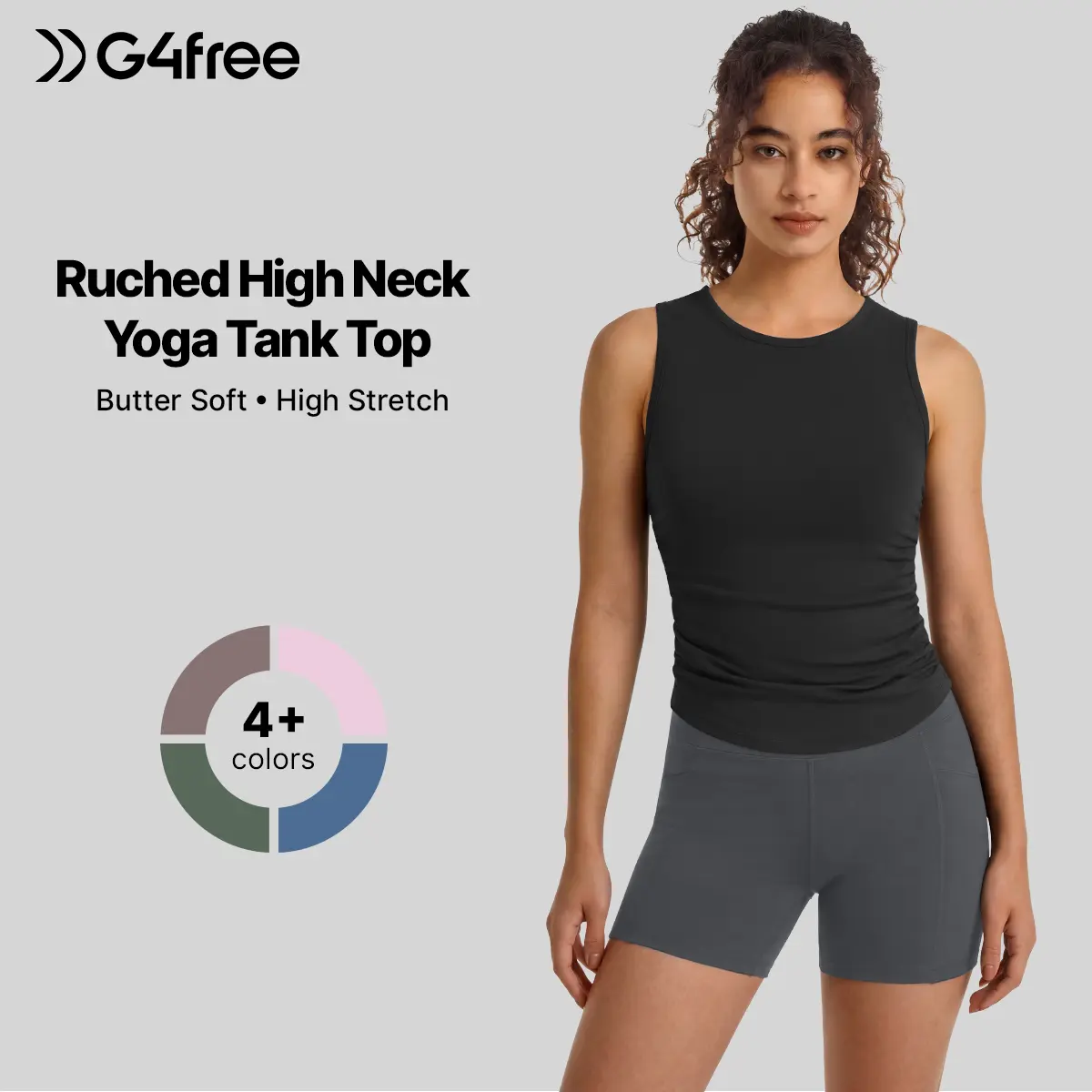 G4Free BareFeel Workout Yoga Tank Tops Ruched Sleeveless Athletic Tanks High Neck Pilates Top, Workout Clothes