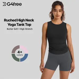 G4Free BareFeel Workout Yoga Tank Tops Ruched Sleeveless Athletic Tanks High Neck Pilates Top