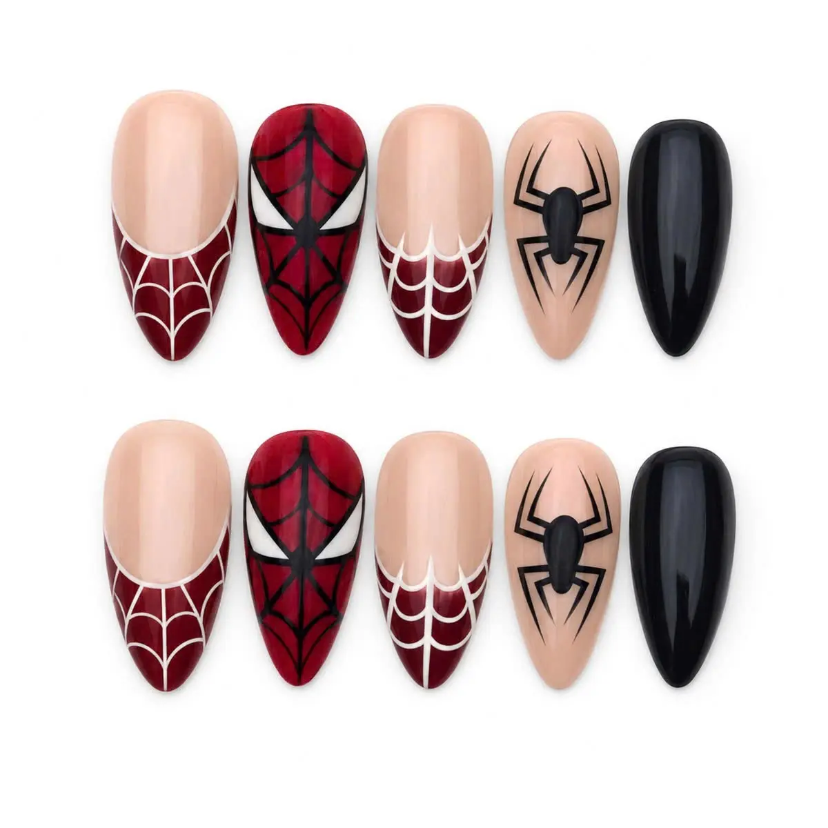 Comic Hero Press On Nails, Red Black Web Pattern, Graphic Face Design, Minimal Spider Art, Handmade Bold Reusable Nail Set