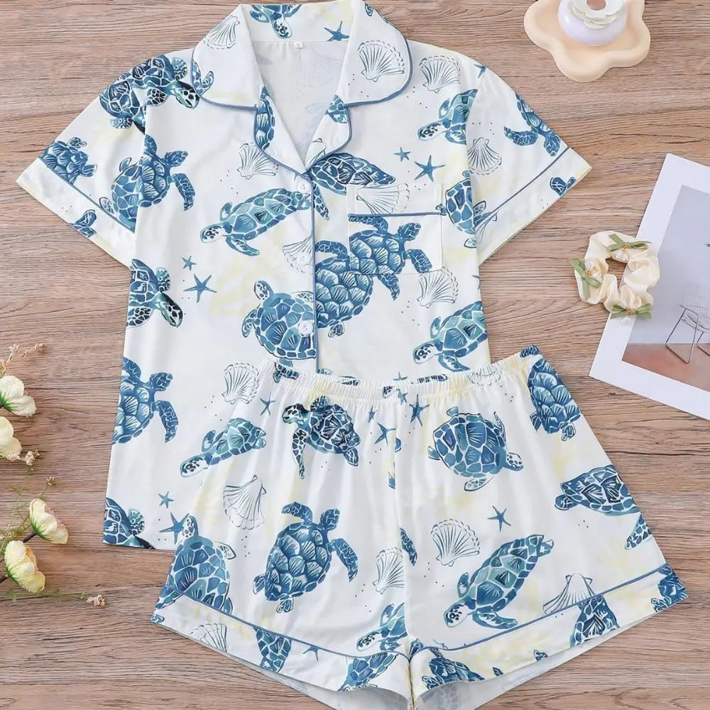 Women's Cute 2-Piece Sea Turtle Print Satin Short-Sleeve Matching Pajama Set - Soft Comfortable Fabric with Pocket, Casual Home Vibe Loungewear Top & Sleepwear (Sports & Outdoor Accessories)