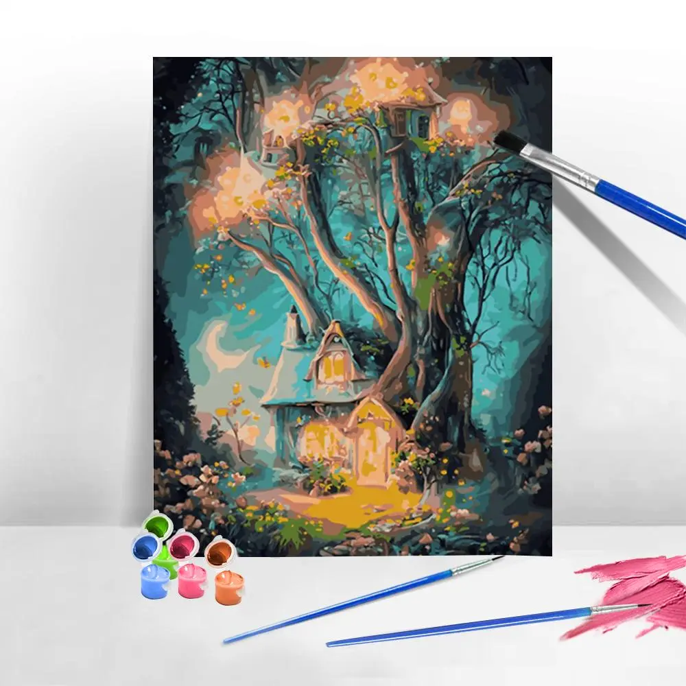 Scenery Tree House Acrylic Paint By Numbers No Frame,New Tools Drawing On Canvas Home Bedroom Wall Artwork
