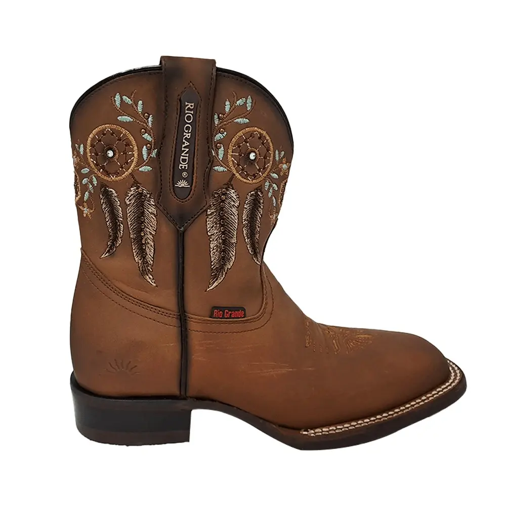 RIO GRANDE WOMEN Botin Rio Grande Bin-03 Indiana Brown Leather Boot with Embroidered Feathers and Conchos for Everyday Wear