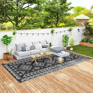 9' x 18' Reversible Outdoor Rug – Black & Gray Rhombus Patchwork Pattern. Double-Sided – 2 Color Schemes. Waterproof Plastic Straw. Includes Carry Bag. Perfect for RV, Camping or Patio