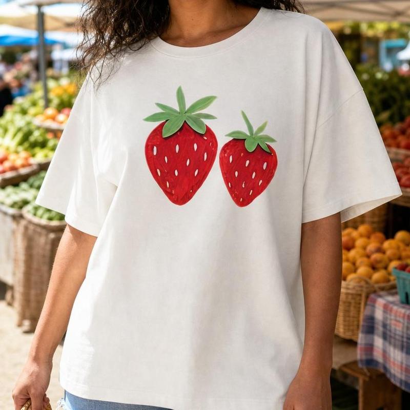 Women's Pure Cotton Loose-Fit Short Sleeve Crew Neck T-Shirt - Cute Strawberry Print, Drop Shoulder Cottagecore Casual Wear Short Sleeve Tops