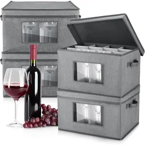 4 Pcs 12 Compartment Wine Glass Storage Box with Dividers, Stemware Storage Container with Lid, Handles and PVC Window for Moving, Gray