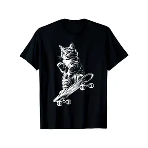 Funny Cat Skateboard Skater Graphic T-Shirt, Suitable for All Men And Women Outdoor Short-Sleeved T-Shirts in All Seasons, Ready to Wear 100% Cotton, S-XXXL