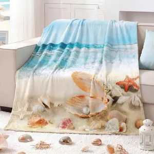 1PC Beach Wave Shell Print Flannel Rug, Window Seat Cushion Rug, Relaxing Nap Rug, Living Room Sofa Decor, TV Watching Leg Cover, Bedroom Bedtail Towel, Sofa Cover Rug, Suitable for Spring and Summer Cover Rugs