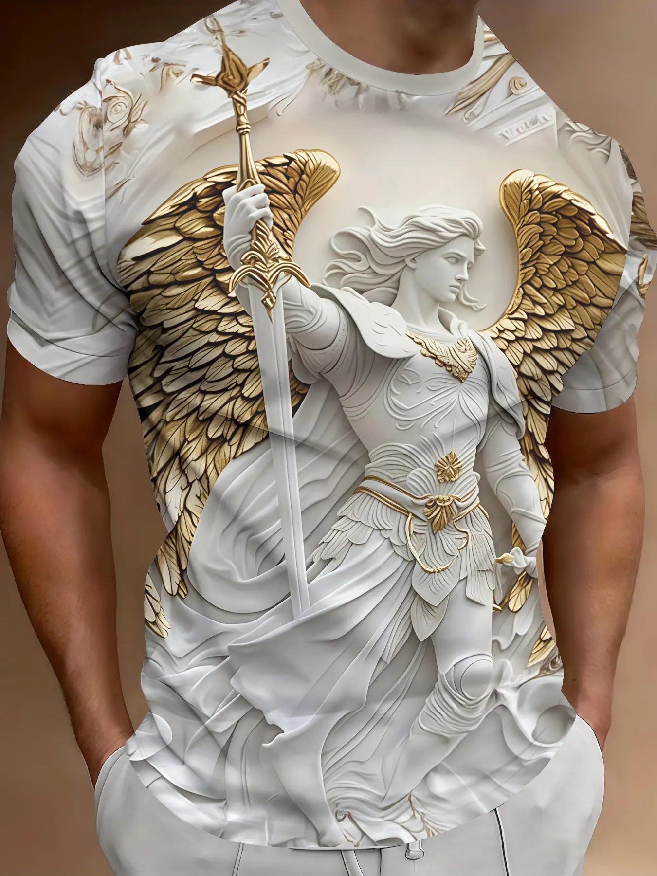 New Summer Short Sleeve Abstract Angel Pattern Short Sleeve Digital Print Design T-Shirt Element Trendy Men'S Casual Fashion Breathable Top, Ideal Gift