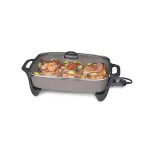 Stylish 16-Inch Ceramic Nonstick Electric Wok – Adjustable Temperature Control with Tempered Glass Lid & Brushed Silver Finish