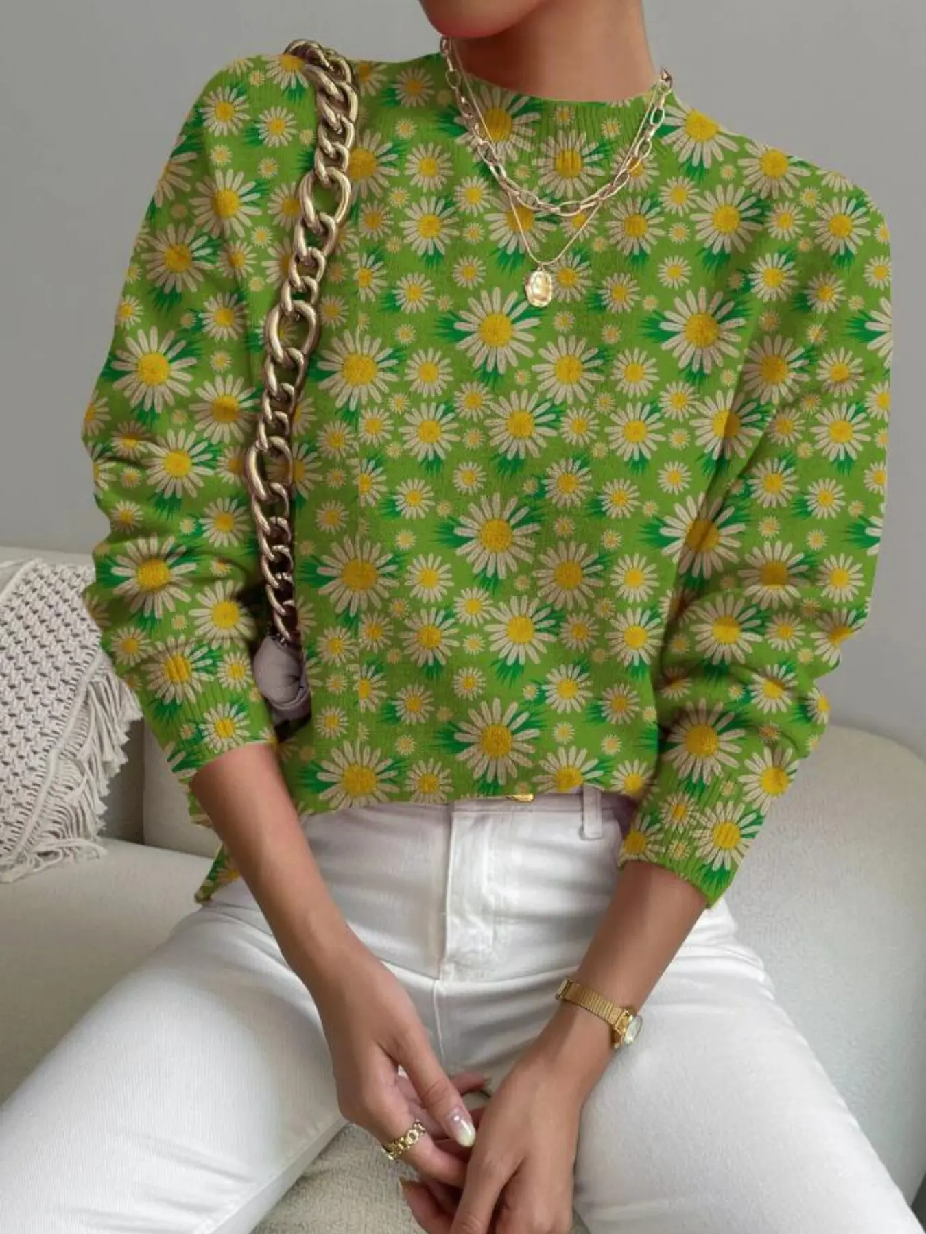 Women's New Fashion Daisy Print Long Sleeve Sweater, Warm Versatile Casual Knitwear, Elegant Fitted Pullover for All Seasons
