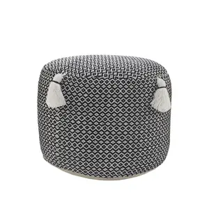 360 Stand 18 in. 100% Cotton Traditional Upholstered Ottoman Footrest Stool, Black, Compact, Geometric Upholstered Stool, Foot Rest Stool
