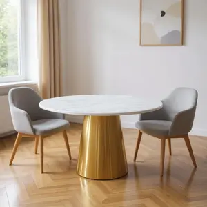 HomeRoots 555160 30 x 54 x 54 in. Gray White & Gold Marble & Metal Pedestal Base Round Top Dining Table