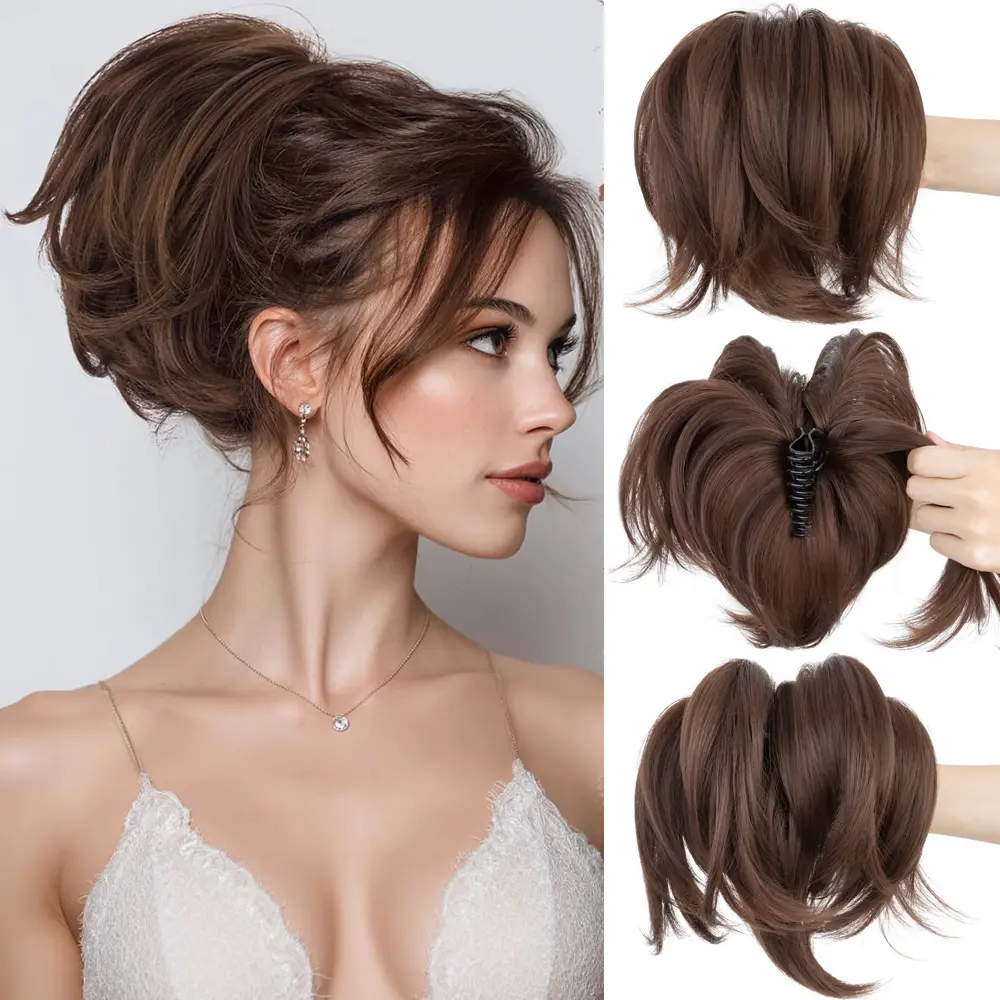 Women's 8-in Claw Clip Short Ponytail Extension - DIY Bendable Metals, Fluffy Messy Bun Piece, Natural Soft Straight Synthetic Hairpiece for Daily Hair Care