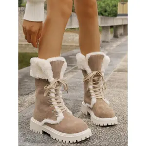 Women's Plush Mid-Calf Snow Boots, Velvet Design with Trim, Round Toe Thick Sole, Lace-Up Closure, Warm & Comfortable Winter Shoes, Cute Winter Boot