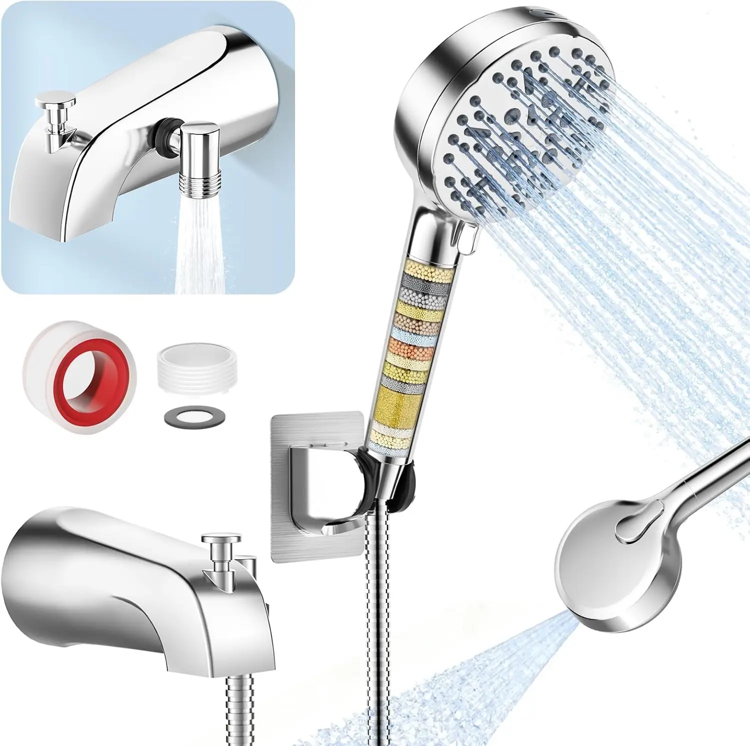 Bathtub Faucet with Filtered Handheld Shower Head, 6 Spray Modes from Rain to Powder, Tub Spout with Diverter, 79" Extra Long Hose, High Pressure Bath Tub Faucet with Sprayer Attachment(Chrome)