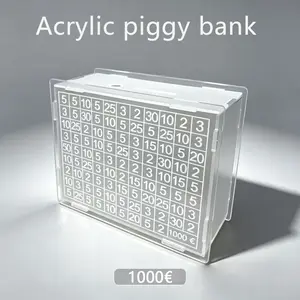 1 transparent acrylic piggy bank, DIY piggy bank with Euro symbol, reusable and writable, suitable for coins and banknotes, Clear Piggy Bank