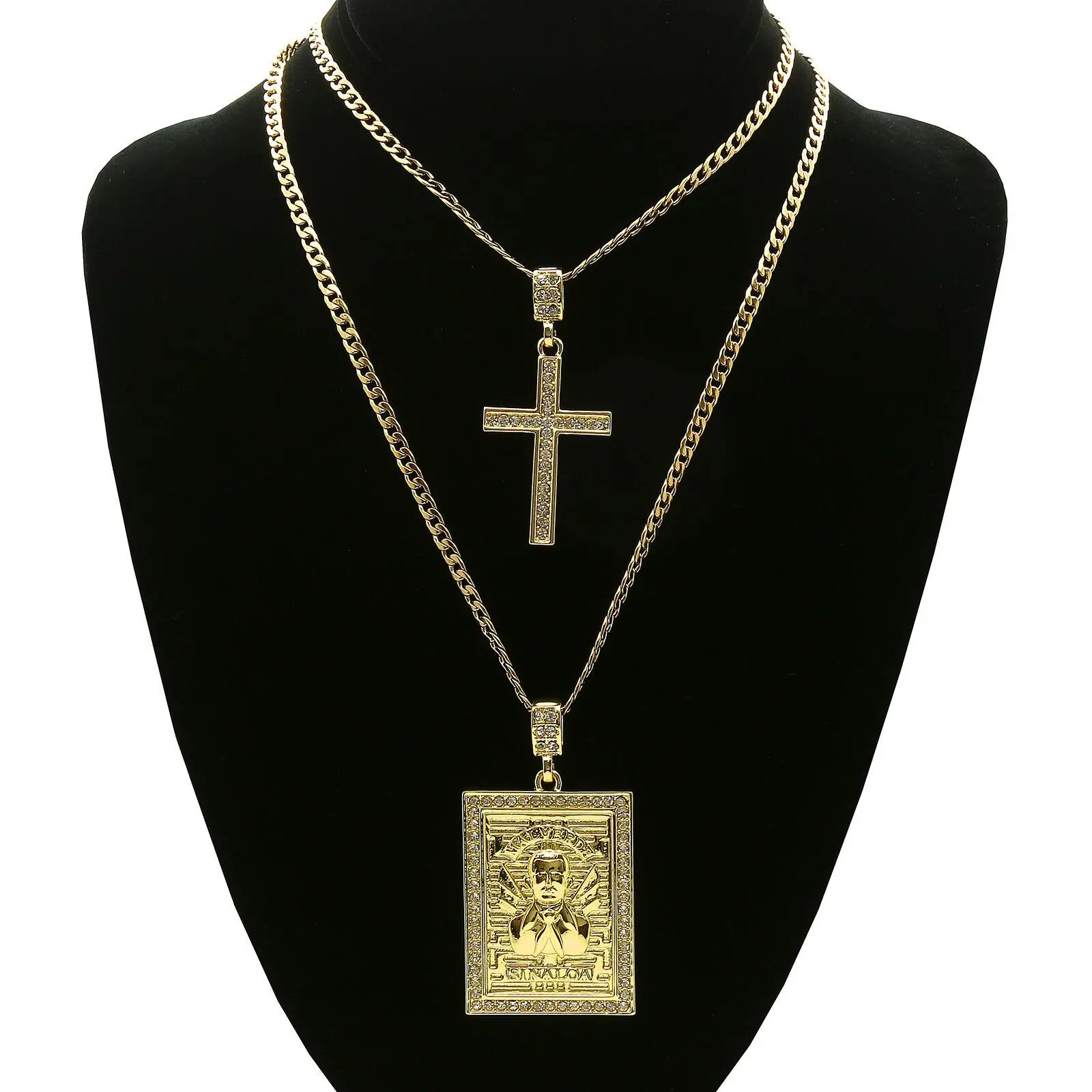 Gold Plated Stainless Steel Chain Necklace Malverde & Cross Pendant with CZ 24inch/30inch Street Faith Bling Set