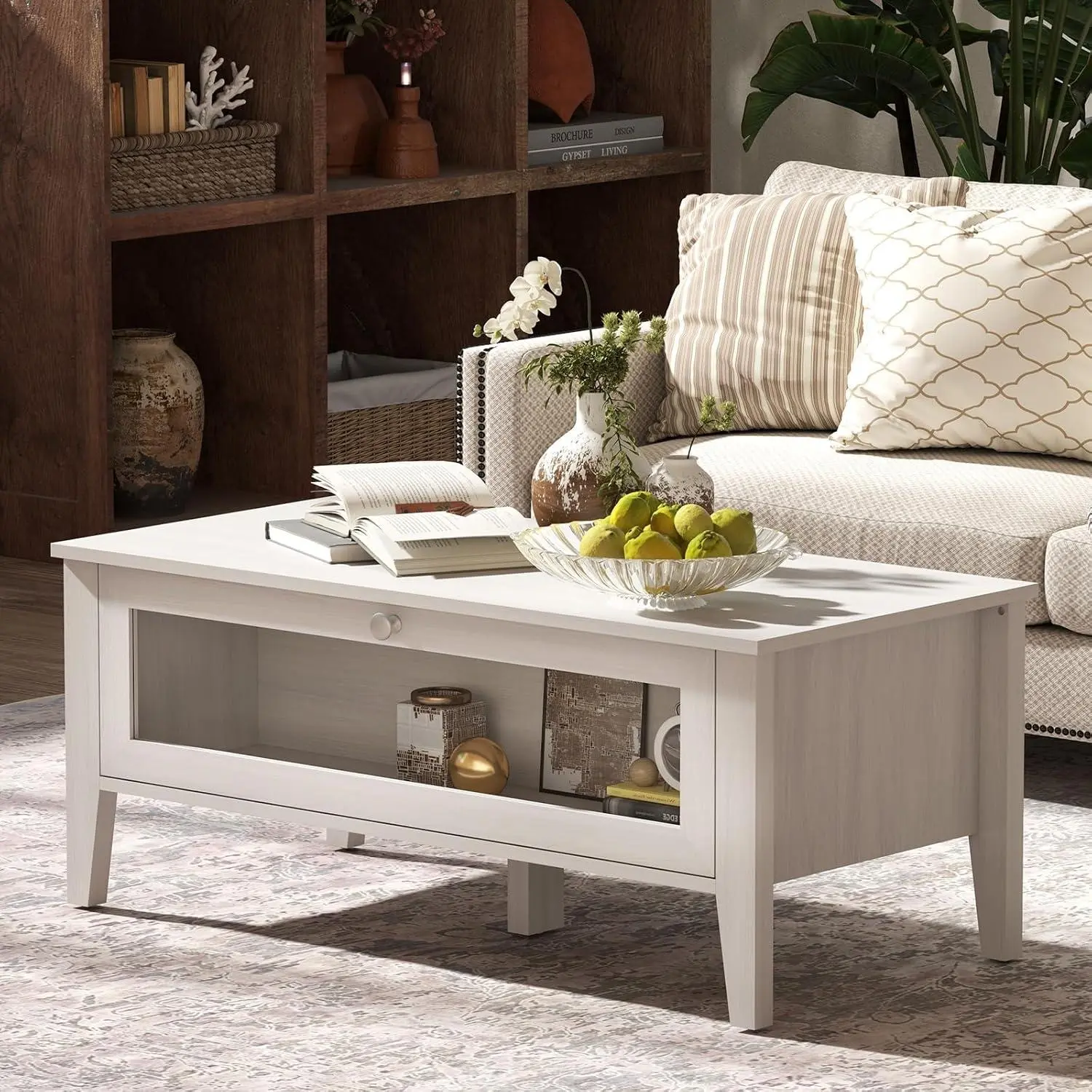 EBELLO Modern Rectangular Coffee Table with Hidden Storage Compartment and Open Shelves – Wood-Look Living Room Center Table for Small Spaces, Apartments, or Homes