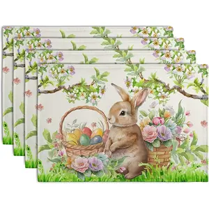 4pcs Easter Bunny Placemats , Spring Egg Floral Pattern, 12x18 Inch Farmhouse Style Fabric Table Mats, Kitchen Indoor Outdoor Dining Party Decor Kitchen Decorative Placemat