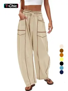 Women's Fashionable Loose Drawstring Adjustable Waist Casual Wide Leg Pants, Comfortable Sweatpants Long Trousers