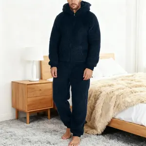 Men’s Warm Hooded Fleece Pajama Jumpsuit – 2025 Fall/Winter Thickened Fluffy Lounge Wear with Long Sleeves and Pants