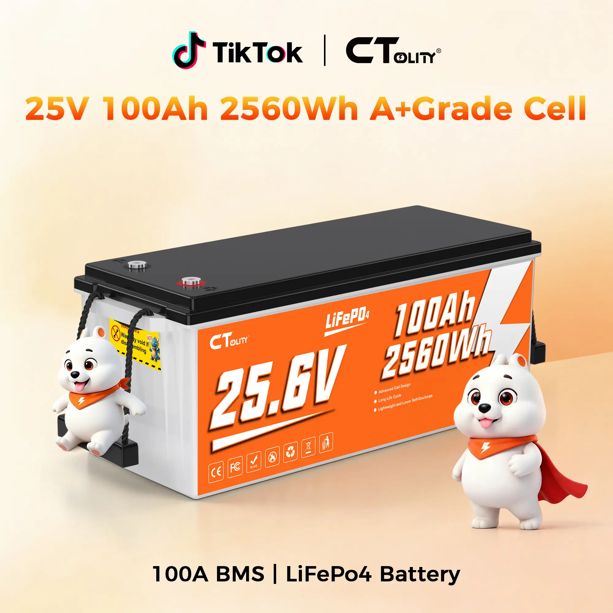 [Techvibes Toolupgrade]CTOLITY CT100-25 25.6V 100Ah 2560Wh LiFePO4 Battery A Grade Cells,Built-in 100A BMS, 2560W Max,4000+ Cycles,Solar Powered,Trolling Motor, 22±1.1 kg/48.5±2.43 lb,High Cycle Life,for RV Power Outage Survival,TikTokShopFallDealsForYou