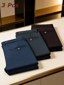 3-Pack Men's Premium Business Pants, High Elasticity, Wrinkle-Resistant, Slim Fit, Ankle Length, All Seasons, Zipper Fly, Versatile Style