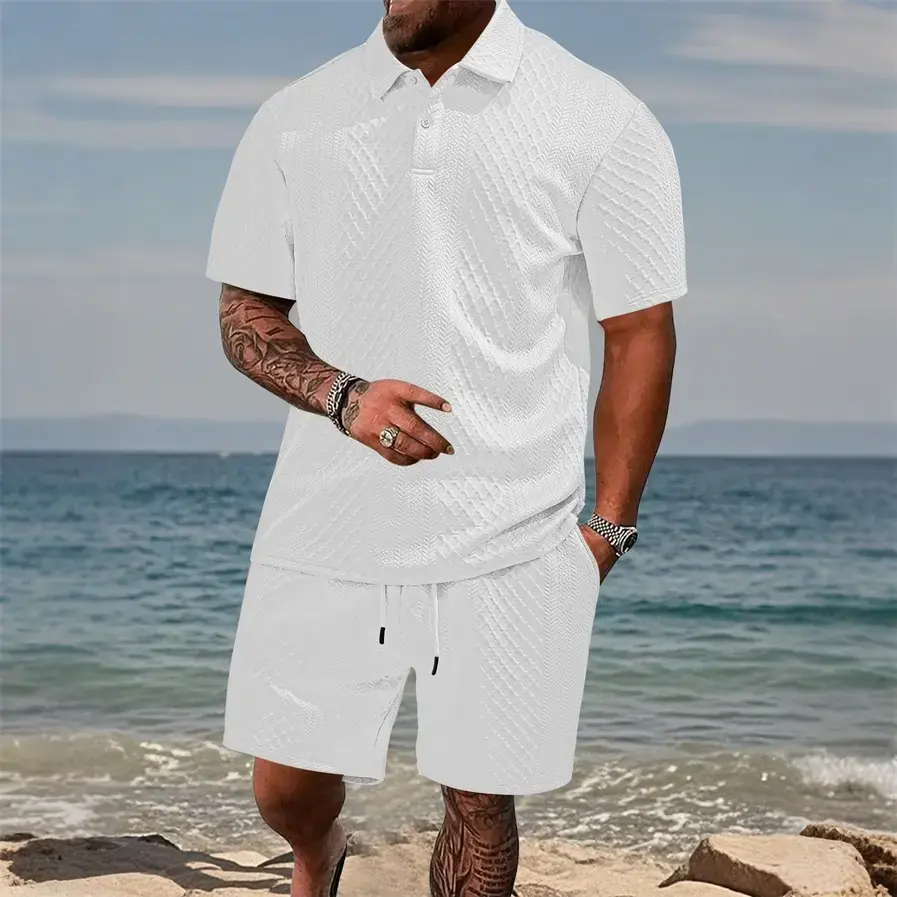 Summer New Jacquard Fabric Men's Casual Sports Thin Short-Sleeve Polo Shirt Set with Turn-Down Collar