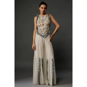 Off-white embroidered choli and mukaish sharara