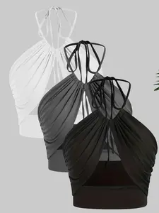 Women's Solid Color Hollow Out Tie Back Crop Top, Casual Fashion Sleeveless Top for Daily Outdoor Wear, Ladies Clothes for Summer