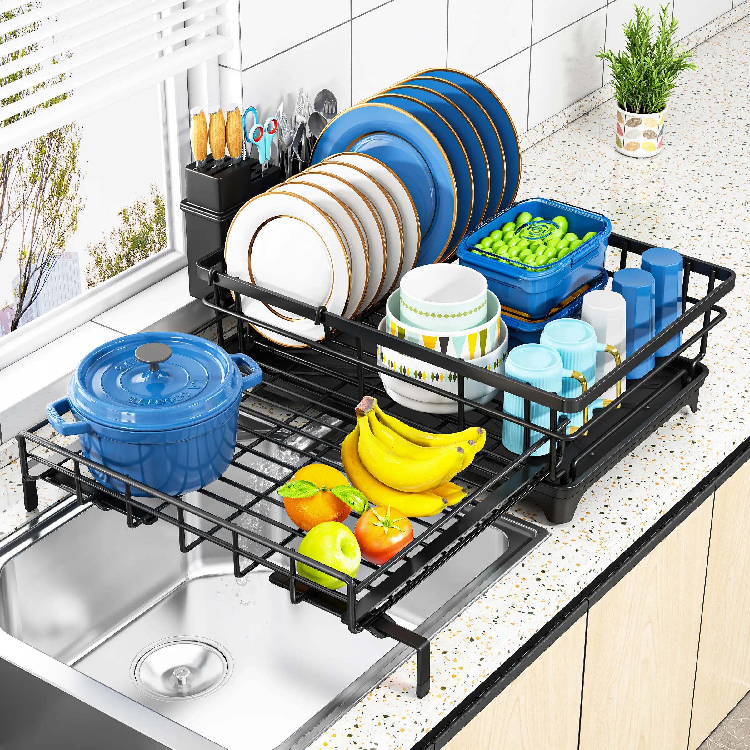 7CODE Over-the-Sink Dish Drying Rack with Pull-Out Drain Board - Large Capacity Multifunctional Countertop Drainer for Dishes, Cups, Fruits & Vegetables with Side Knife & Chopstick Holder, Stainless Steel Kitchen Counter Organizer