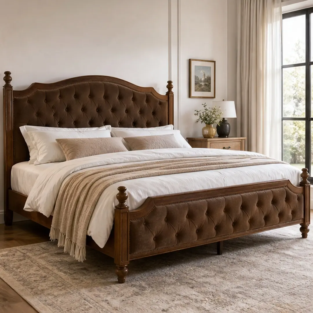 ARCH King Size Upholstered Platform Bed Frame - Velvet Button Tufted Headboard & Footboard, Solid Wood Plywood Wood-Tone European-Inspired Modern French Country Farmhouse Bed, No Box Spring Needed, Brown/Taupe Options, Plywood Bed Frames, Wood-Tone Bed Fr