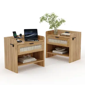 Modern Boho Rattan Nightstands with Type-C Charging - Set of 2 Bedside Tables with Drawer & Open Shelf - Functional Bedroom or Living Room Furniture