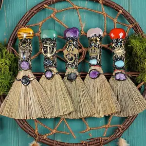 Natural Crystal Point Stone Palm Broom Craft, 1 Count Artificial Crystal Tip Small Broom, Witch Tools, Altar Supplies, Quartz Witch Broom